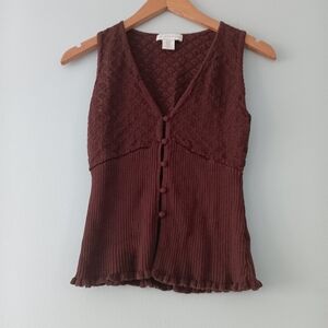 House of Harlow Brown Button Front Knit Top Textured V-Neck Sleeveless Casual XS